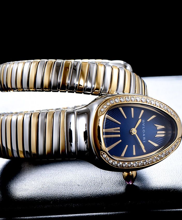 Bvl.gar 18-carat gold and steel watch Blue