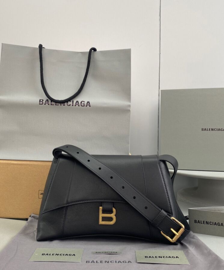 Balen.ciaga Downtown Small, Black Shoulder Bag, Luxury Leather Bag