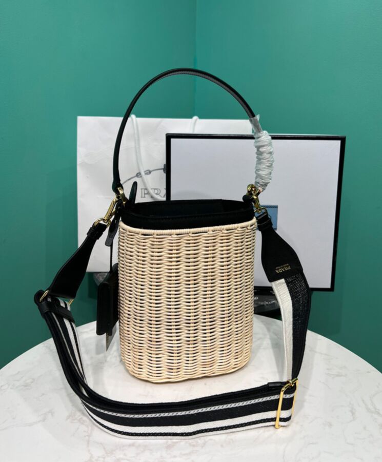 Pra.-da Wicker And Canvas Bucket Bag 1BE062 Black