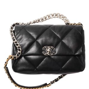 Cha.nel 19 Large, Cha.nel Handbag, Luxury Lambskin Handbag, AS1161 Black