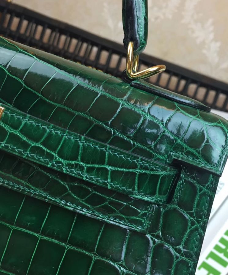 Her..mes Kelly Bag 32 Crocodile leather Green