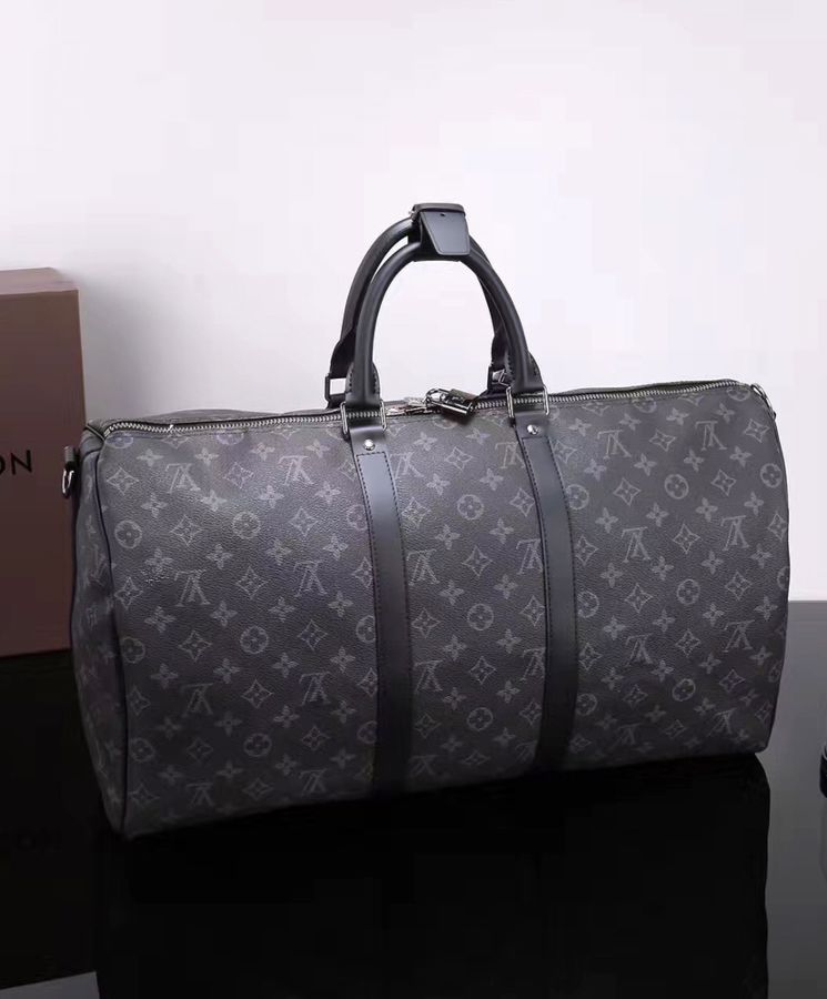 L.*V Keepall, Luxury Travel Bag, Monogram Eclipse Canvas, Keepall Bandouliere 50