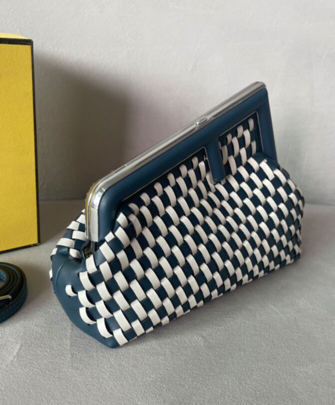 Fen.di First Small, Luxury Handbag, 8BP129 Blue, Hand-woven Leather Bag