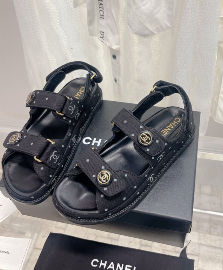 Cha.nel Women's Sandals, G35927 Black Sandals, Printed Denim Sandals, Luxury Footwear