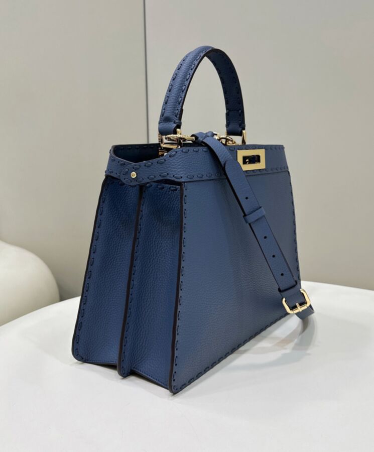 Fen.di Peekaboo ISeeU, Luxury Handbag, Cuoio Romano leather, Medium 8BN321 Blue