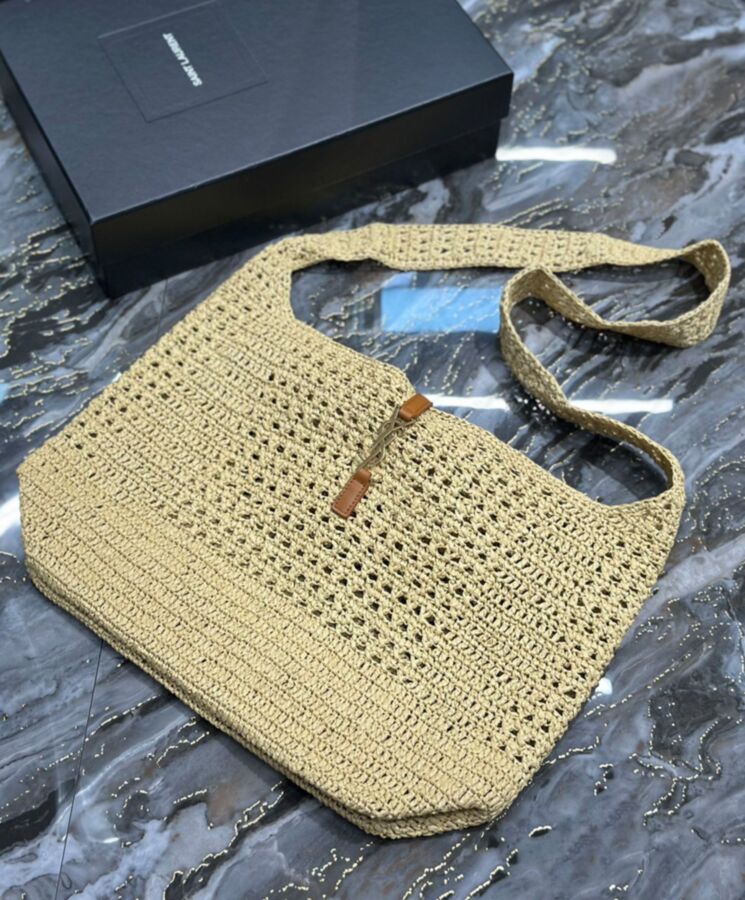 Saint.Lau.rent Hobo Raffia Bag In Crochet And Smooth Leather Apricot