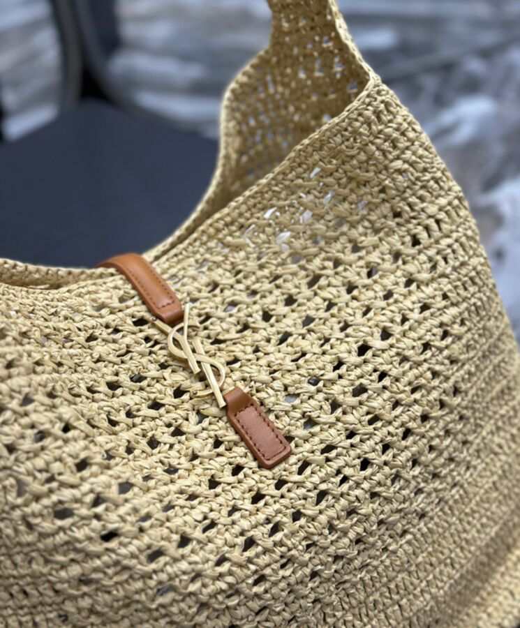 Saint.Lau.rent Hobo Raffia Bag In Crochet And Smooth Leather Apricot