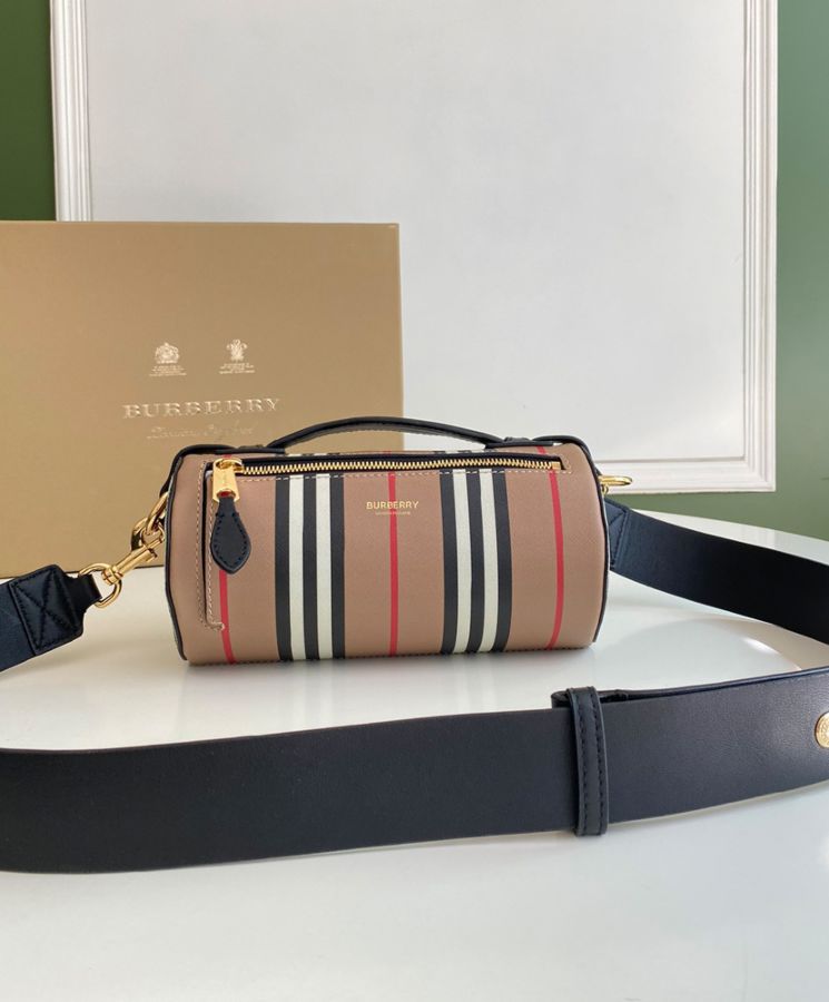 Bur.berri The Icon Stripe E-canvas and Leather Barrel Bag Apricot