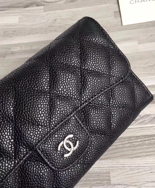 Cha.nel Quilted Flap Wallet in Caviar A31506 Black