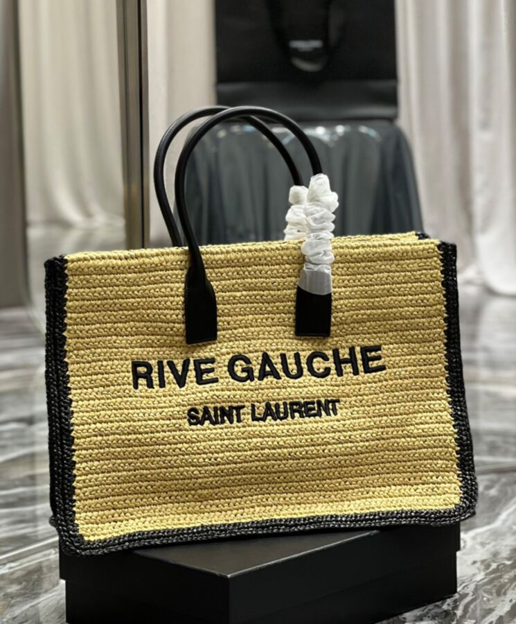 Saint.Lau.rent Rive Gauche Tote Bag In Raffia And Leather Apricot