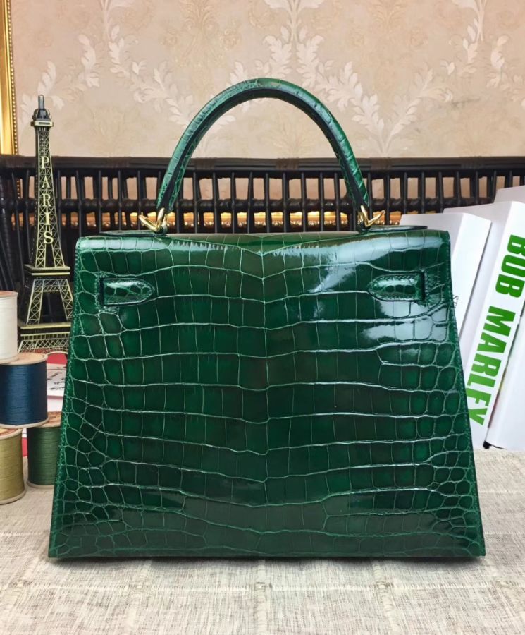 Her..mes Kelly Bag 32 Crocodile leather Green