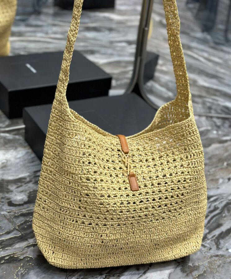 Saint.Lau.rent Hobo Raffia Bag In Crochet And Smooth Leather Apricot