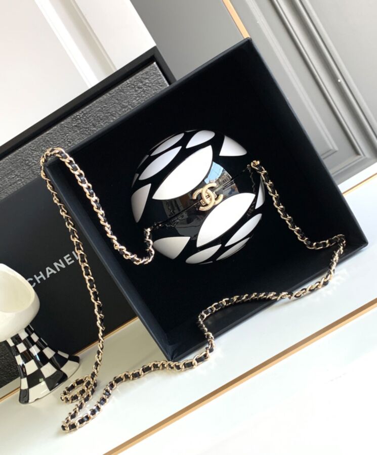 Cha.nel Sphere Minaudiere, AS4505 Cream, Plexi Gold-Tone Metal, Luxury Handbag