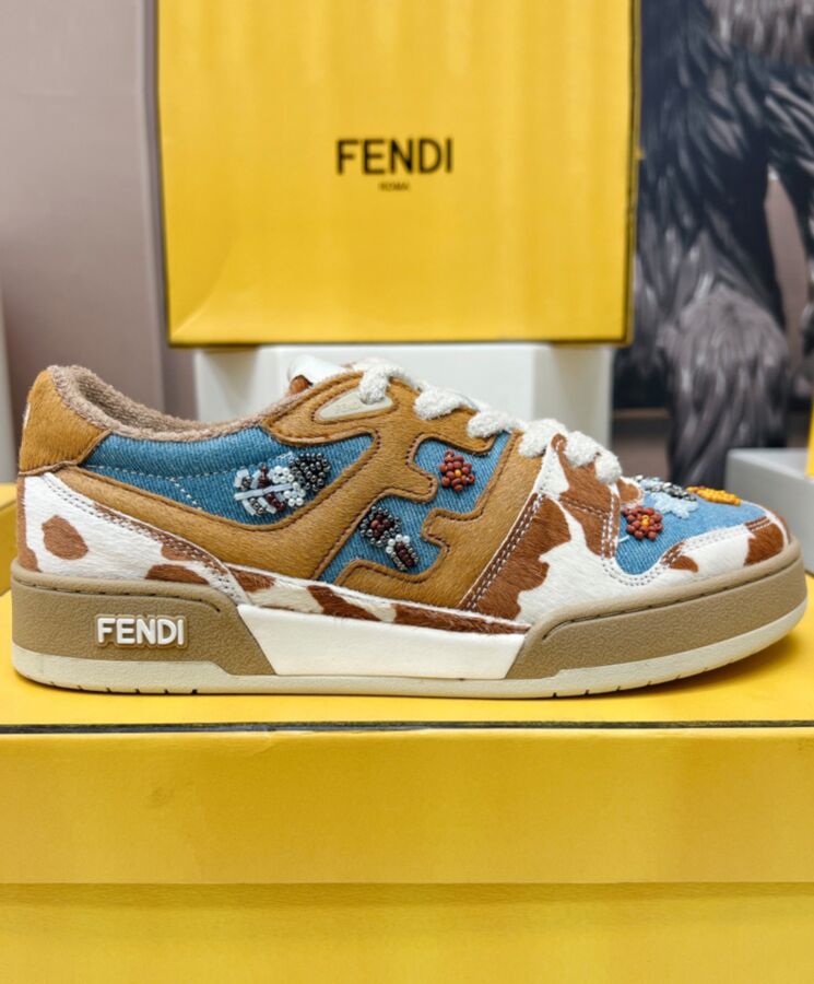 Fen.di Unisex Match, Designer Lace-up Sneakers, Denim Sneakers, Bead Embroidery, Fen.di Sneakers