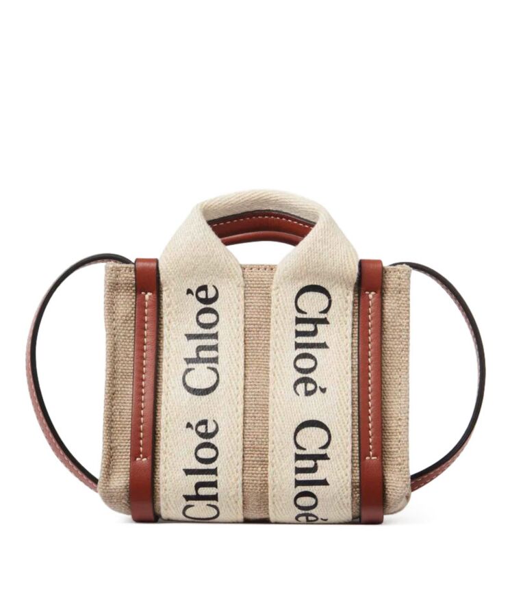 chl.oe Woody Nano, Nano Tote Bag, Designer Mini Bag, Linen Canvas Bag, Calfskin Bag