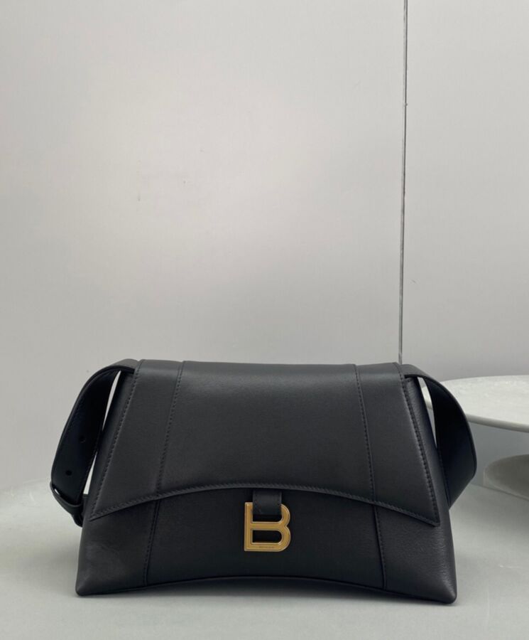 Balen.ciaga Downtown Small, Black Shoulder Bag, Luxury Leather Bag