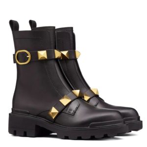 Valen.tino Women’s Roman Stud Calfskin Combat Boot, Designer Combat Boots, Black Combat Boots, Luxury Footwear