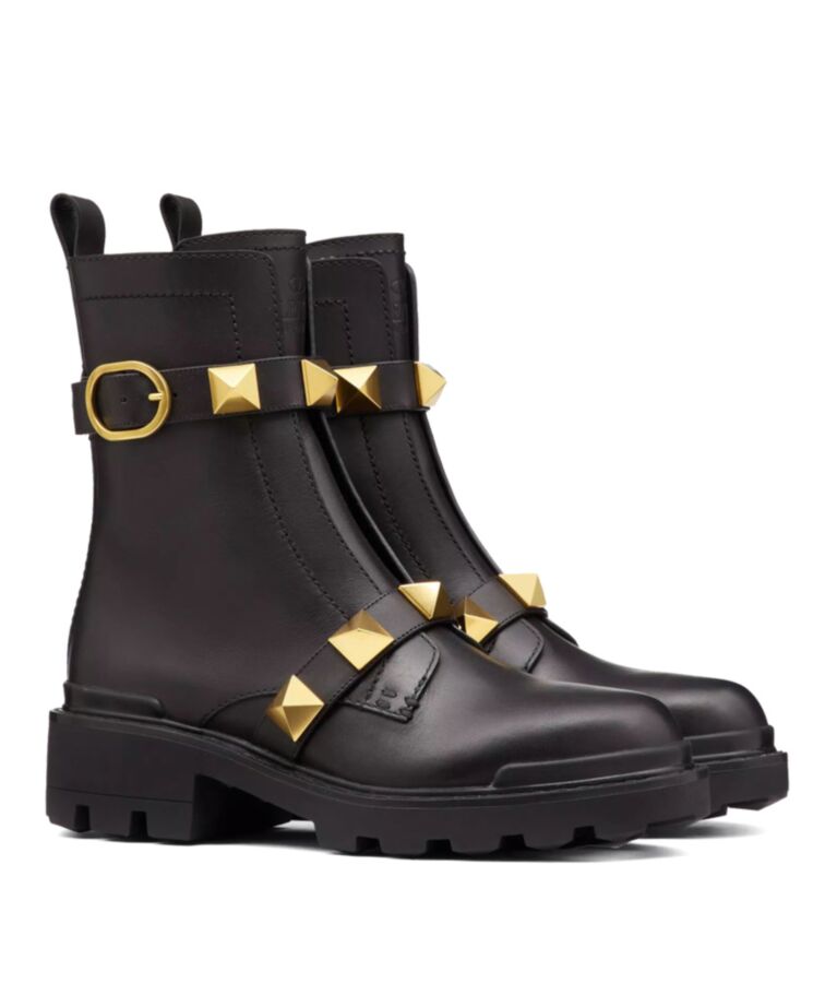 Valen.tino Women’s Roman Stud Calfskin Combat Boot, Designer Combat Boots, Black Combat Boots, Luxury Footwear