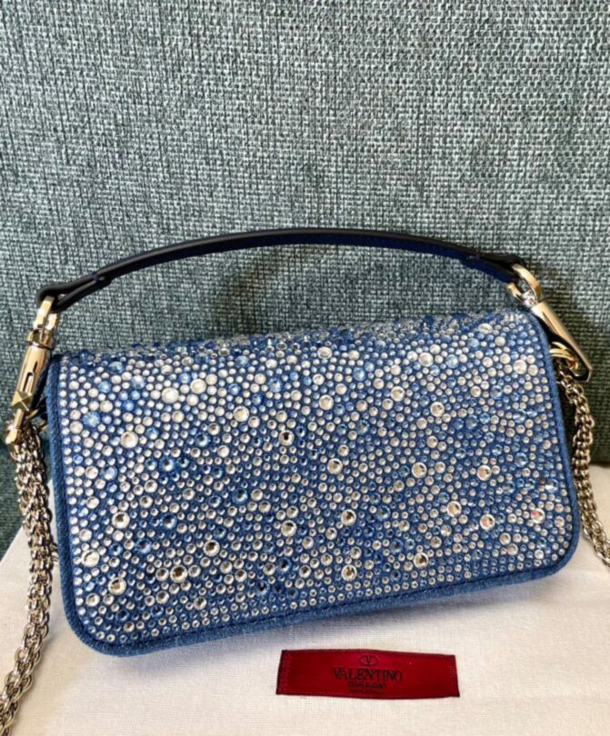 Valen.tino Small Loco Denim Shoulder Bag With Rhinestones Blue