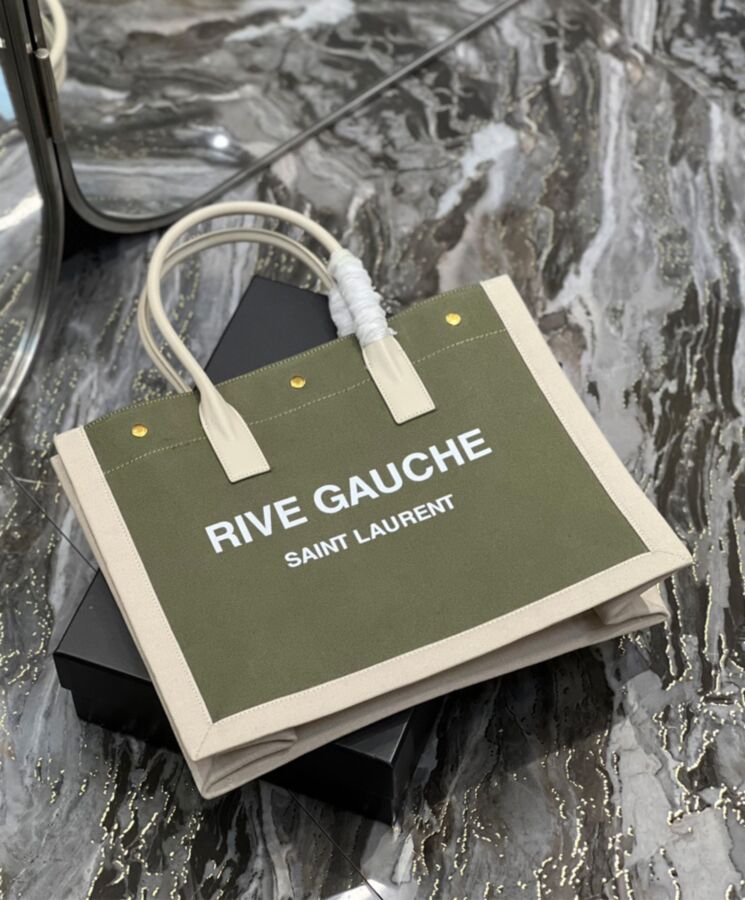 Saint.Lau.rent Rive Gauche Small Tote Bag In Linen And Leather Green