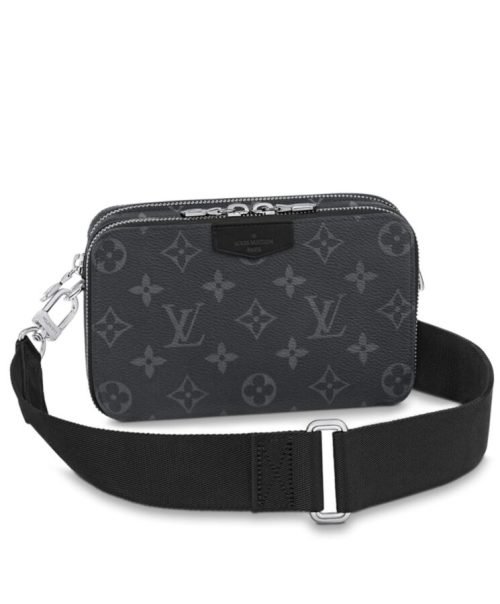 L.*V Alpha, Wearable Wallet, Monogram Eclipse Canvas, Black Leather Trim, Compact Bag, Adjustable Strap, Removable Strap