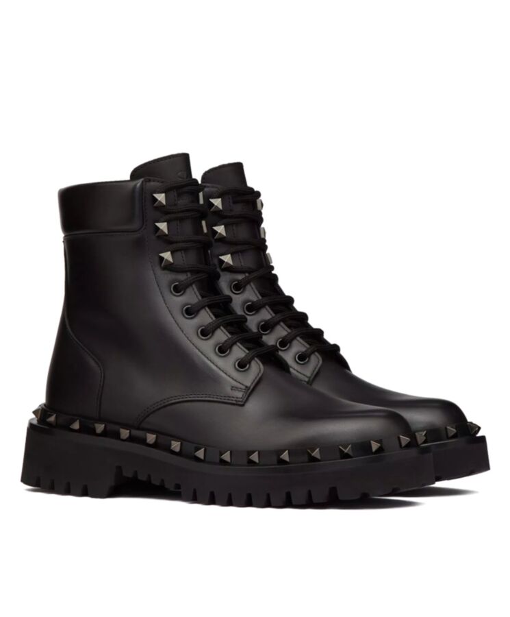 Valen.tino Women’s Rockstud Calfskin Combat Boot With Matching Studs 50MM Black