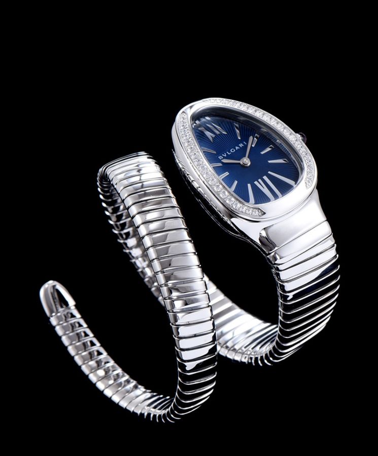 Bul.gary sliver tone stainless steel and diamond watch Blue