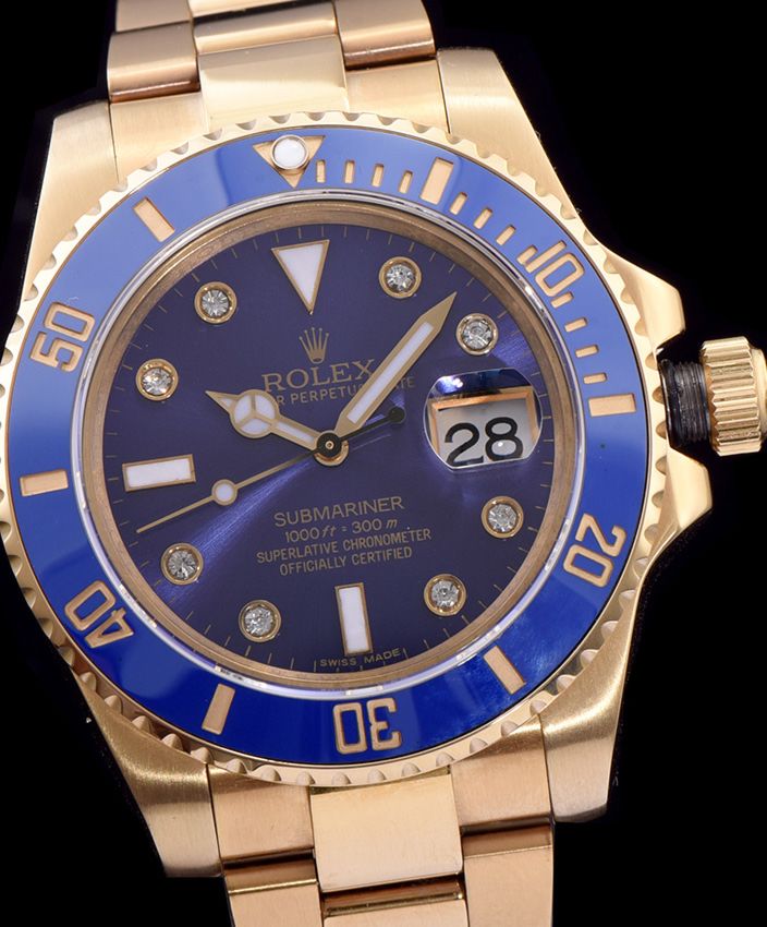 Ro.le.x Ceramic Submariner Watch Full Gold Blue