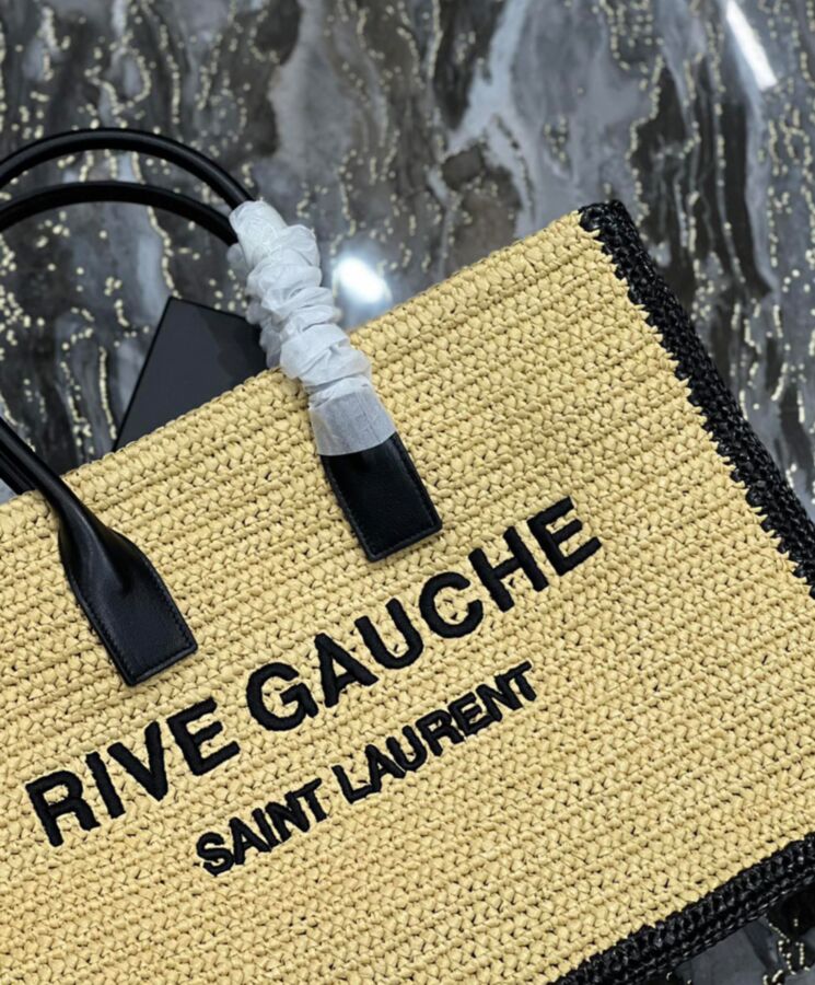 Saint.Lau.rent Rive Gauche Tote Bag In Raffia And Leather Apricot