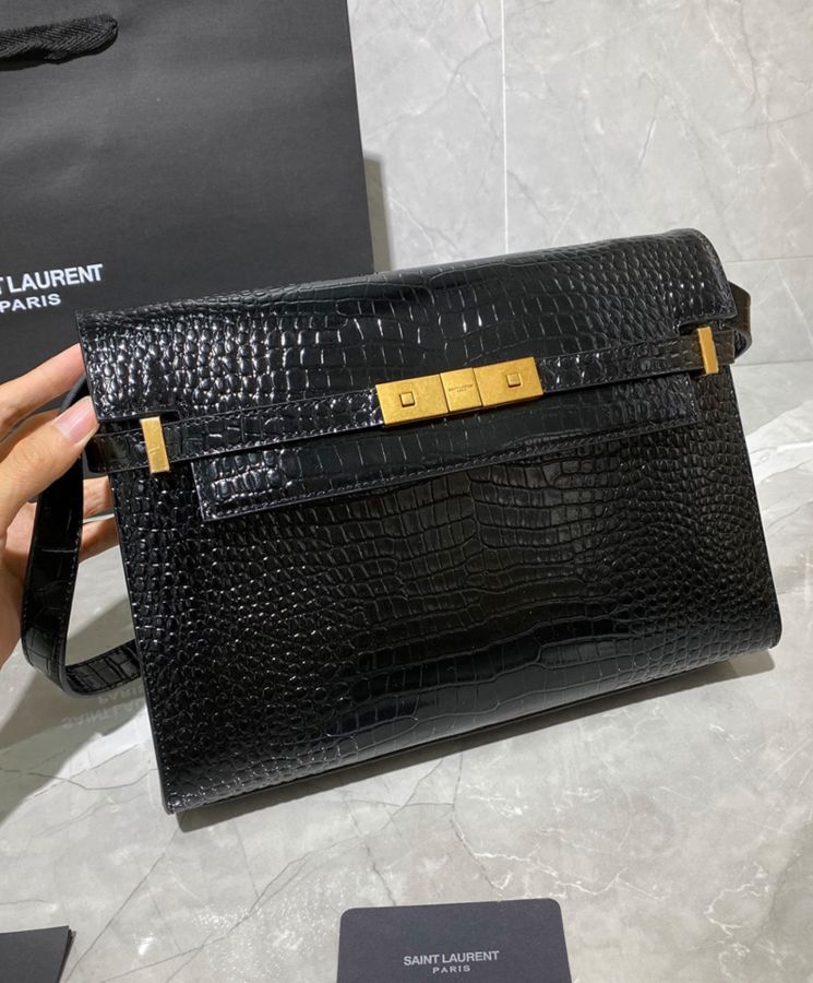 Saint.Lau.rent Manhattan Shoulder Bag In Crocodile-embossed Shiny Leather 579271 Black