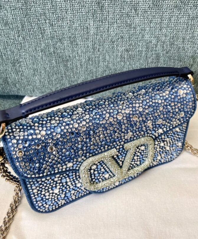 Valen.tino Small Loco Denim Shoulder Bag With Rhinestones Blue