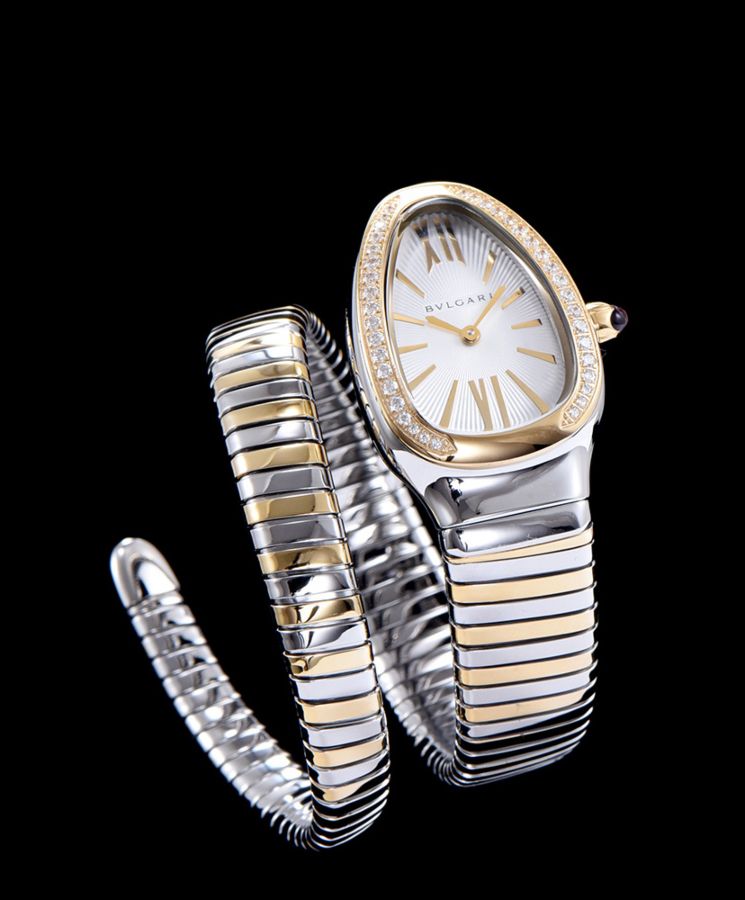 Bvl.gar 18-carat gold and steel watch White