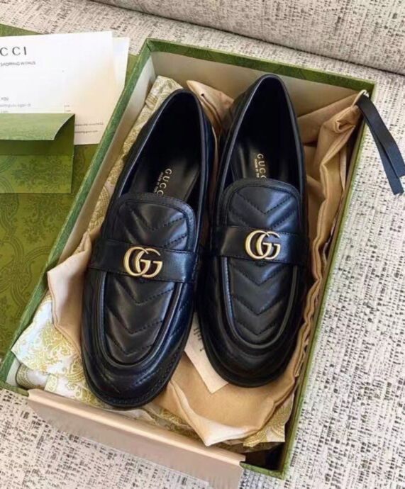 G.U.C.C Women's Loafer, Double G monogram, luxury footwear, chevron matelasse leather.