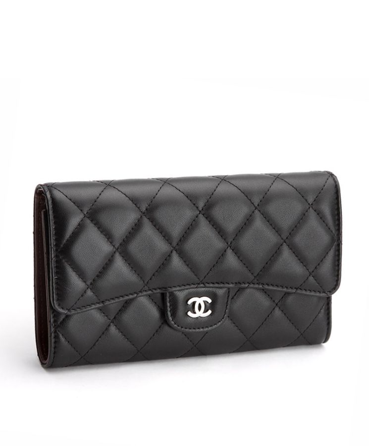 Cha.nel Lambskin Quilted Large Flap Wallet Black