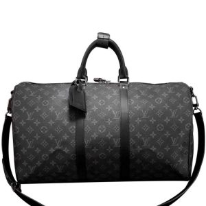 L.*V Keepall, Luxury Travel Bag, Monogram Eclipse Canvas, Keepall Bandouliere 50