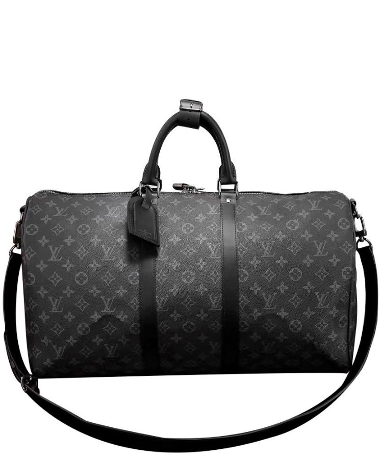 L.*V Keepall, Luxury Travel Bag, Monogram Eclipse Canvas, Keepall Bandouliere 50