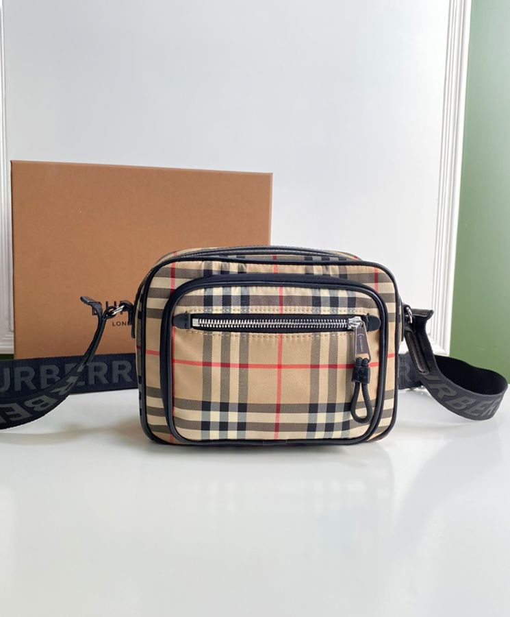 Bur.berri Vintage Check and Leather Crossbody Bag Apricot