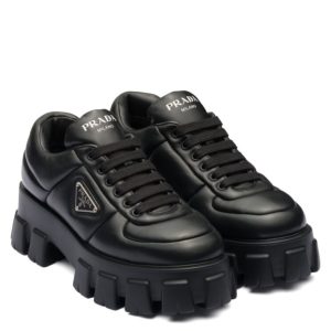 Pra.-da Women's Soft Padded Nappa, Black Lace-up Shoes, Monolith Design, Luxury Leather Shoes