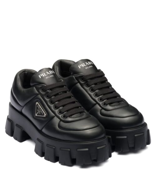 Pra.-da Women's Soft Padded Nappa, Black Lace-up Shoes, Monolith Design, Luxury Leather Shoes