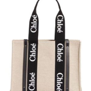 chl.oe Medium Woody, Logo Strap Canvas Tote, Black Canvas Bag, Medium Woody Canvas Tote