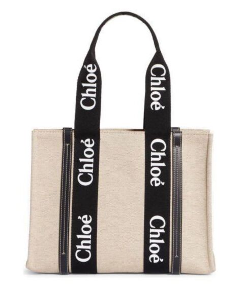 chl.oe Medium Woody, Logo Strap Canvas Tote, Black Canvas Bag, Medium Woody Canvas Tote