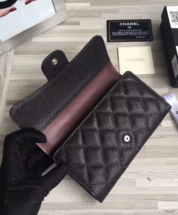 Cha.nel Quilted Flap Wallet in Caviar A31506 Black