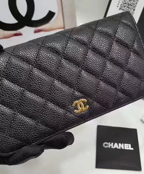 Cha.nel Quilted Bi-fold Wallet, Luxury Leather Wallets, Cha.nel Caviar Black Wallet