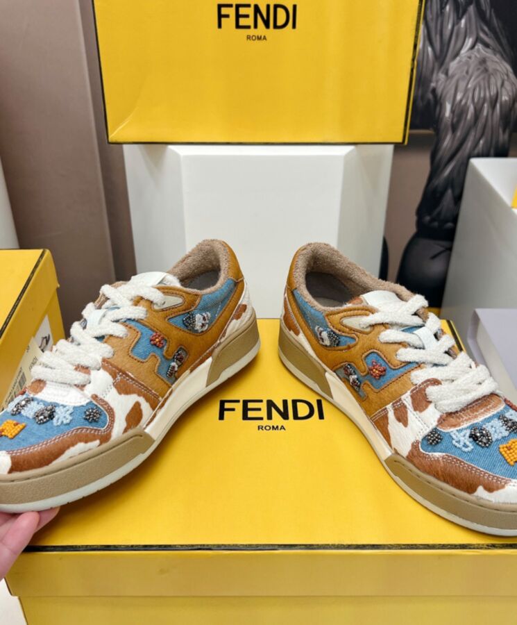 Fen.di Unisex Match, Designer Lace-up Sneakers, Denim Sneakers, Bead Embroidery, Fen.di Sneakers