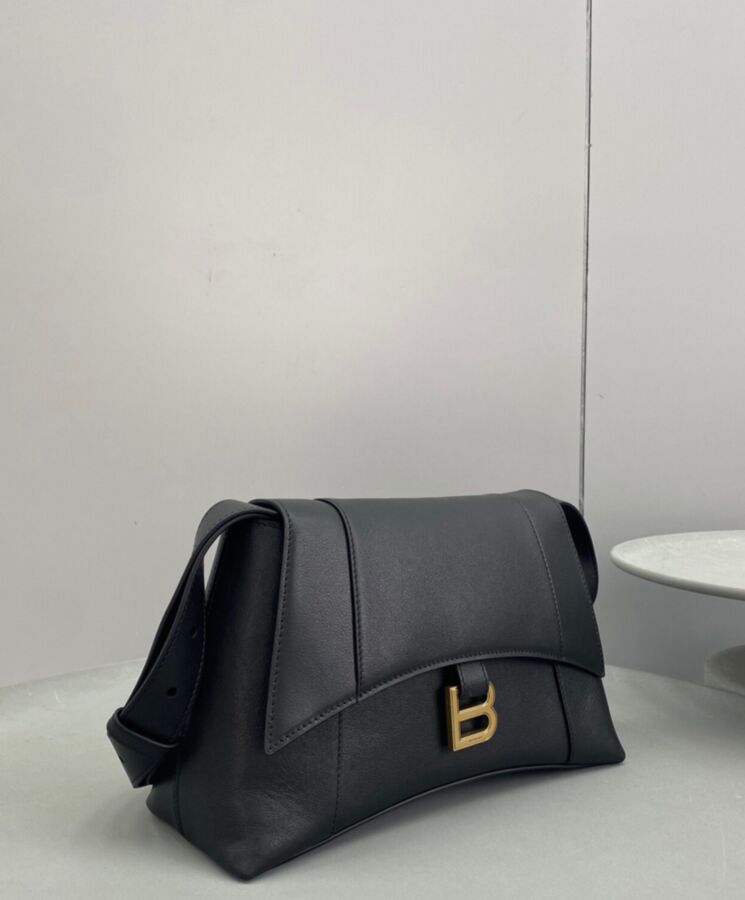 Balen.ciaga Downtown Small, Black Shoulder Bag, Luxury Leather Bag