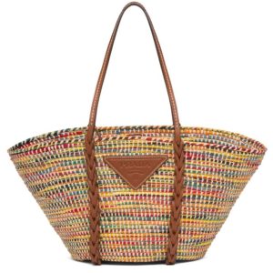 Pra.-da Straw And Leather Tote Bag, 1BG312 Coffee, Summer Tote Bag, Leather Strap Closure, Braided Leather Handles.