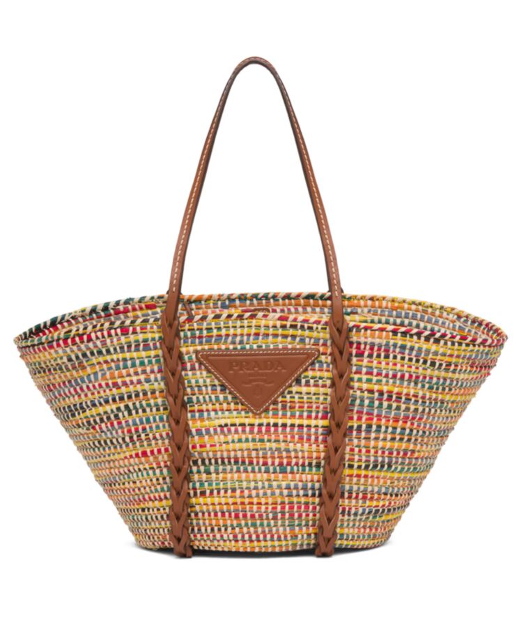 Pra.-da Straw And Leather Tote Bag, 1BG312 Coffee, Summer Tote Bag, Leather Strap Closure, Braided Leather Handles.