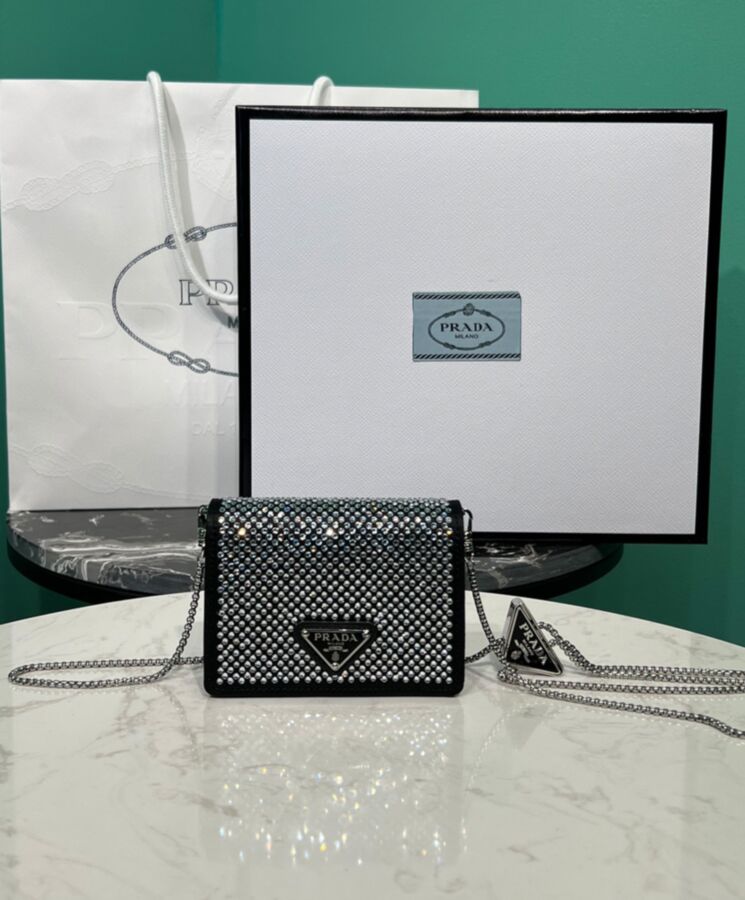 Pra.-da Cardholder, Shoulder Strap Cardholder, Crystal Embellished Cardholder, Black Satin Cardholder