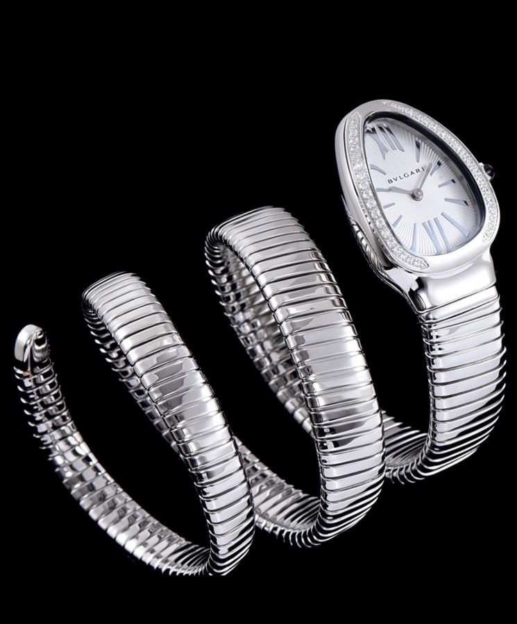 Bvl.gar Sliver Tone, Stainless Steel Diamond Watch, Luxury Timepiece, Women's Fashion Accessory, Serpenti Tubogas Collection