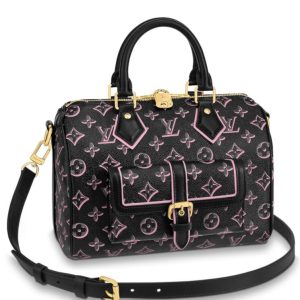 L.*V Speedy, Monogram Handbag, Compact Luxury Handbag, Cowhide Leather Trim, Adjustable Strap